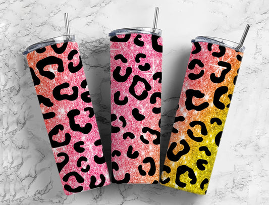 Pink and yellow glitter gradient 20oz Sublimation Tumbler Designs, Leopard print 9.2 x 8.3” Straight Skinny Tumbler Wrap PNG