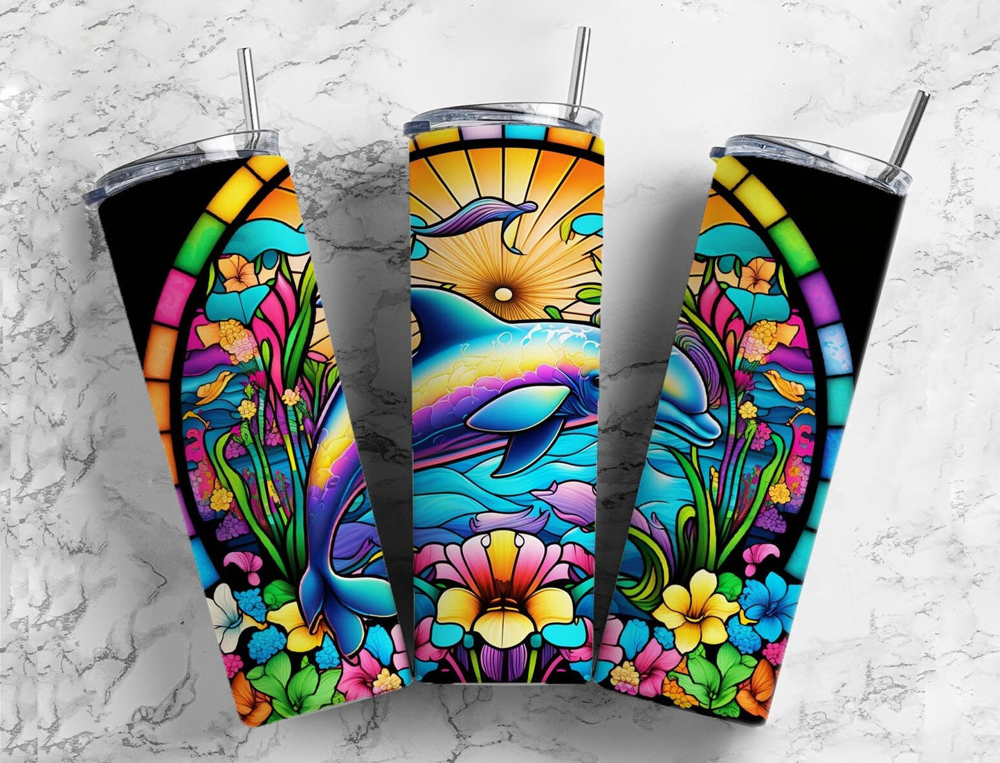 Stained glass dolphin 20oz Sublimation Tumbler Designs, rainbow neon 9.2 x 8.3” Straight Skinny Tumbler Wrap