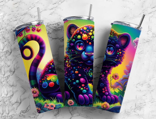 Cartoon panther 20oz Sublimation Tumbler Designs, Rainbow colorful 9.2 x 8.3” Straight Skinny Tumbler Wrap PNG