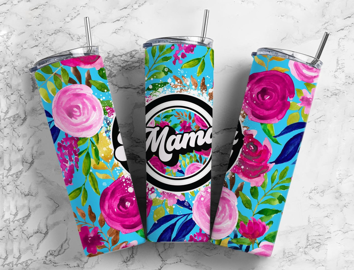 Mama Floral 20oz Sublimation Tumbler Designs,Pink and Turquoise Flower 9.2 x 8.3” Straight Skinny Tumbler Wrap PNG, Sublimation Design PNG