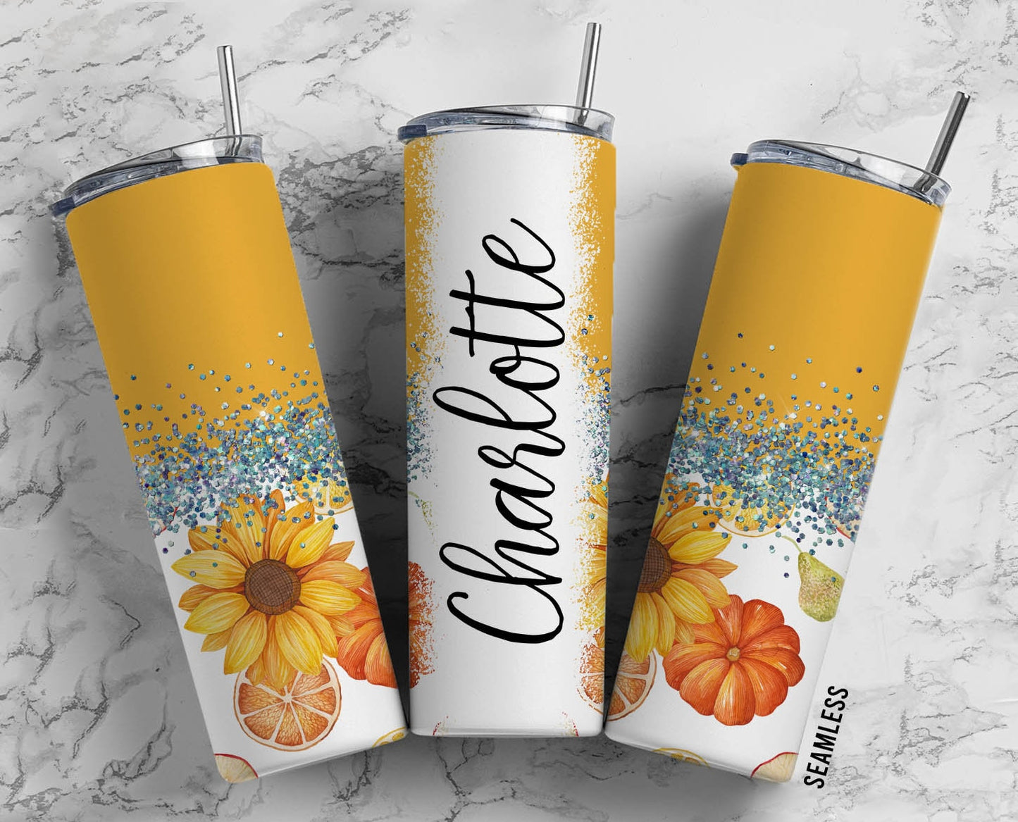 Sunflower Fall Pumpkin 20oz Sublimation Tumbler Designs, Yellow Silver Glitter Split9.2 x 8.3” Straight Skinny Tumbler Wrap PNG 197