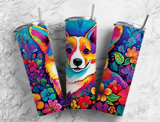 Corgi dog 20oz Sublimation Tumbler Designs, colorful floral landscape 9.2 x 8.3” Straight Skinny Tumbler Wrap PNG