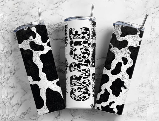 Cow Hide 20oz Tumbler Wrap with Matching Retro Doodle Letter, Aesthetic Alphabet PNG, Add your Own name Tumbler