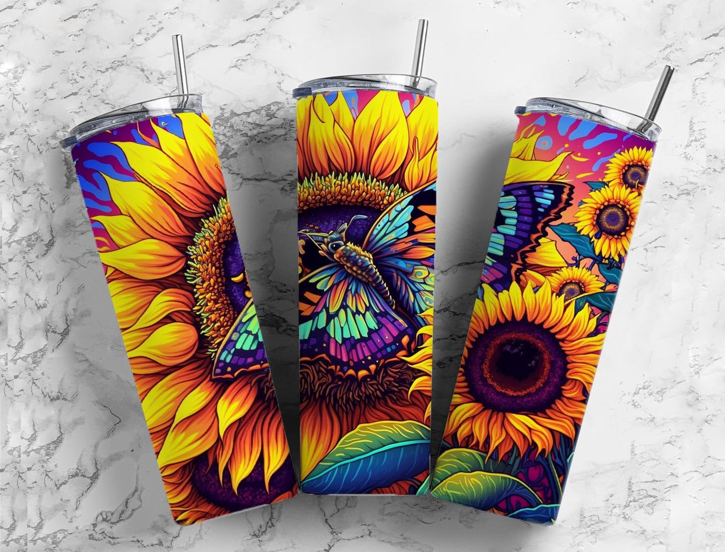 Sunflower butterfly 20oz Sublimation Tumbler Designs, Colorful floral 9.2 x 8.3” Straight Skinny Tumbler Wrap PNG