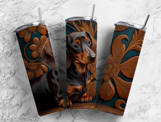 Tooled leather dachshund 20oz Sublimation Tumbler Designs, Engraved leather 9.2 x 8.3” Straight Skinny Tumbler Wrap PNG