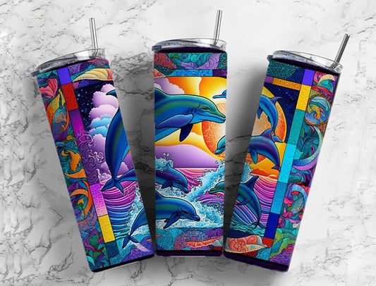 Dolphin 20oz Sublimation Tumbler Designs, Rainbow Patchwork Quilt 9.2 x 8.3” Straight Skinny Tumbler, Tumbler Wrap PNG