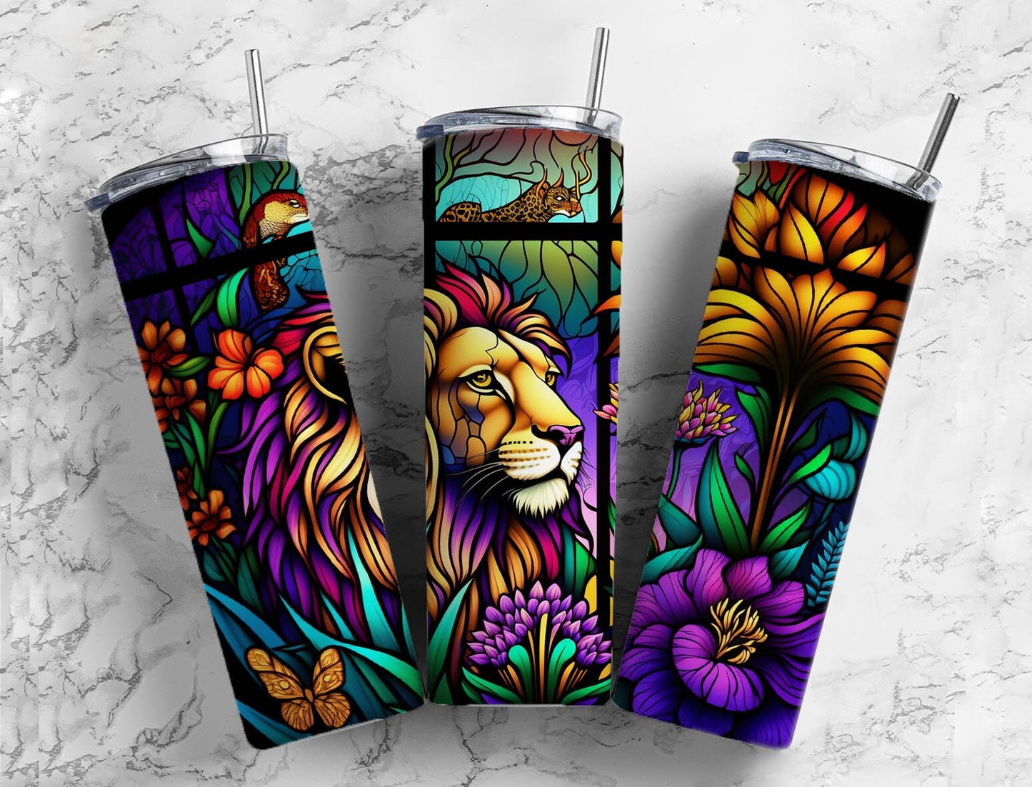 Stained glass lion 20oz Sublimation Tumbler Designs, rainbow neon 9.2 x 8.3” Straight Skinny Tumbler Wrap