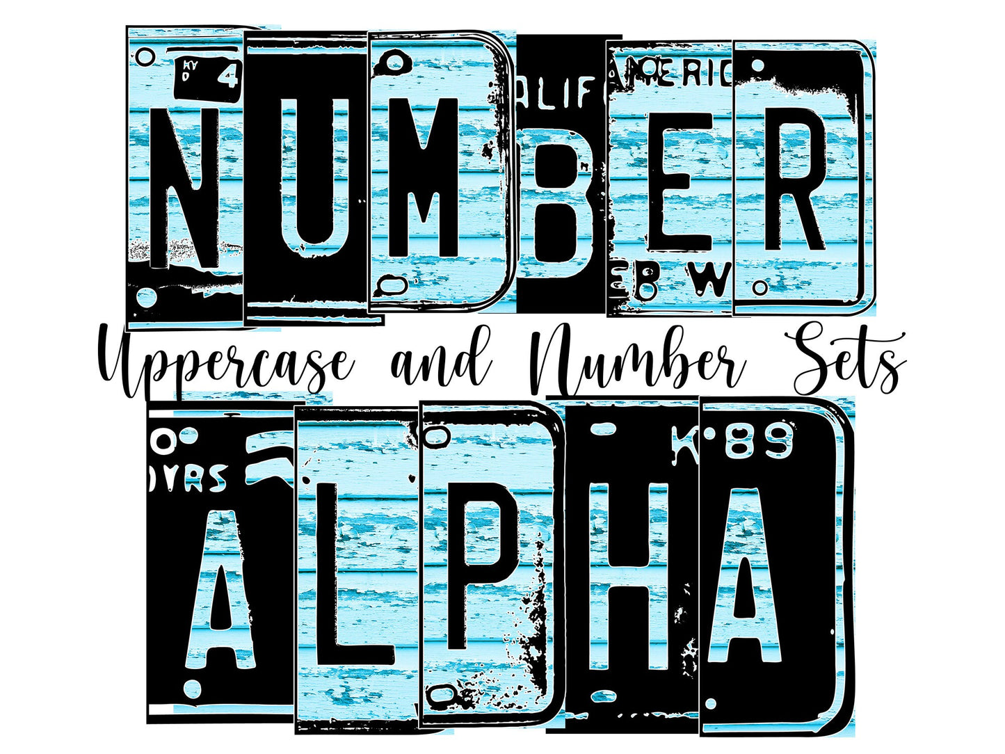 Blue Wood Number Plate Alphabet Uppercase Numbers PNG, Rustic Western Alphabet PNG Digital Download