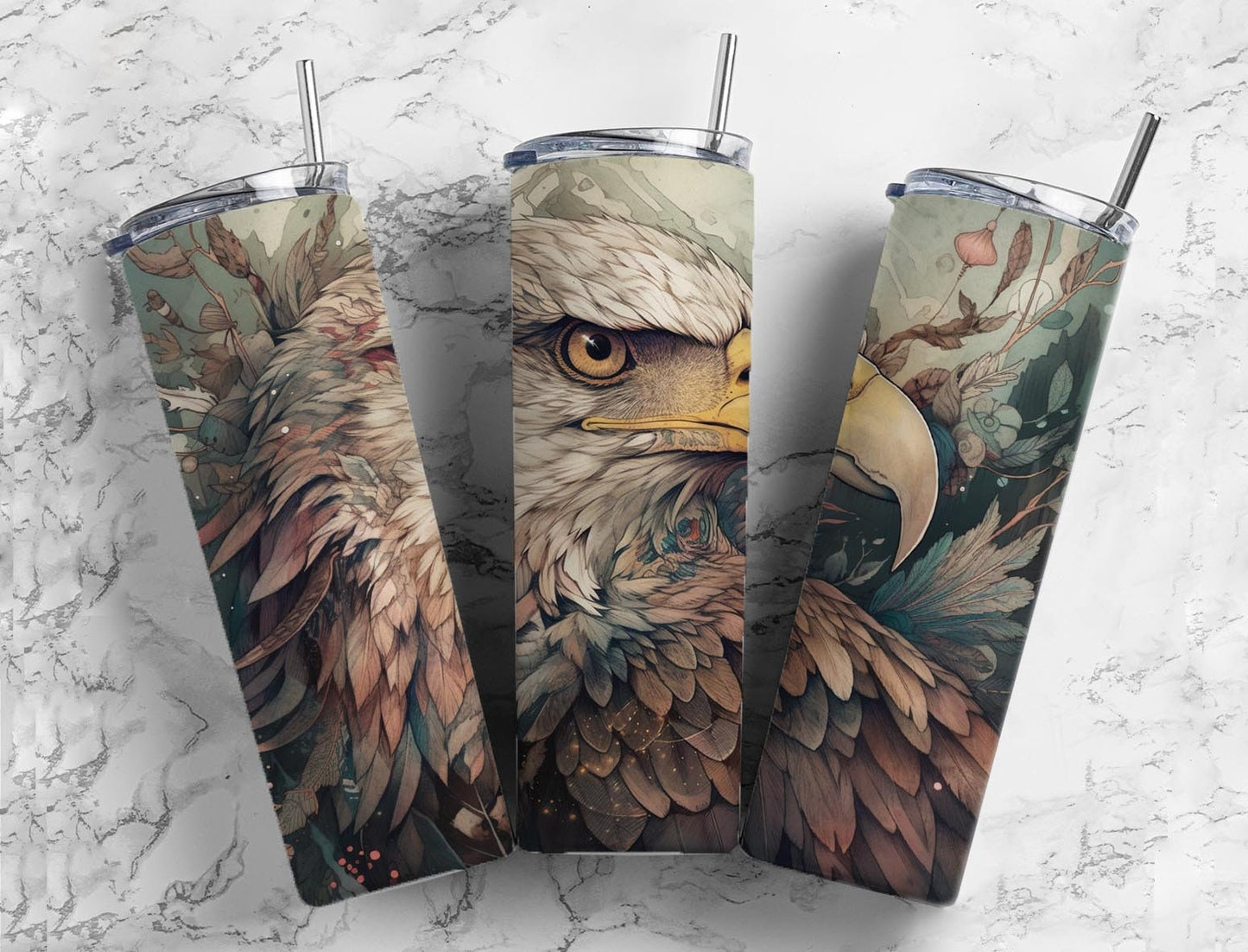 Bald eagle 20oz Sublimation Tumbler Designs, Botanical forest 9.2 x 8.3” Straight Skinny Tumbler Wrap PNG