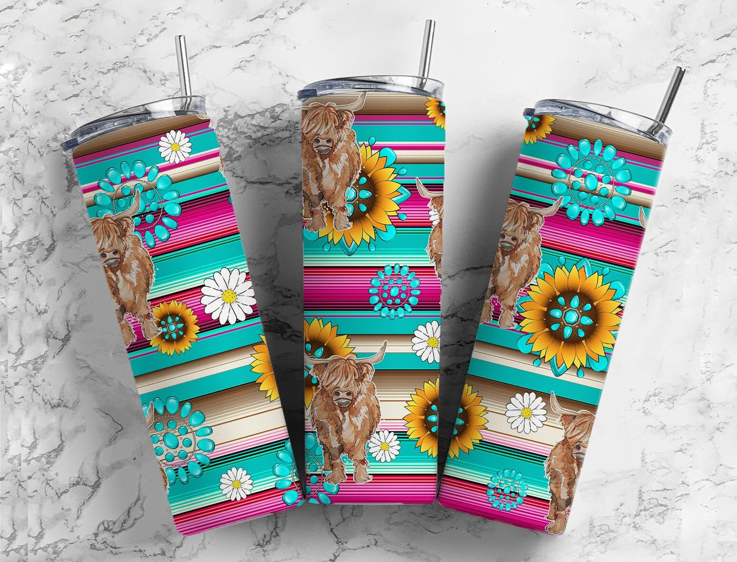 Turquoise Gem Highland Cow 20oz Sublimation Tumbler Designs, Sunflower Serape 9.2 x 8.3” Straight Skinny Tumbler Wrap PNG 2