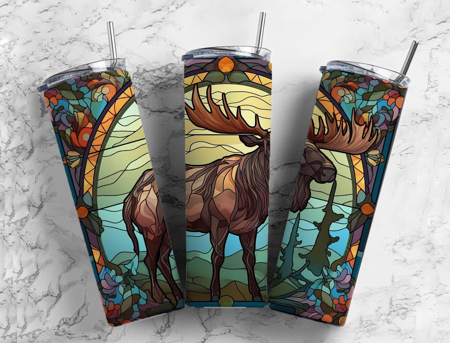 Stained glass window 20oz Sublimation Tumbler Designs, Moose 9.2 x 8.3” Straight Skinny Tumbler Wrap PNG