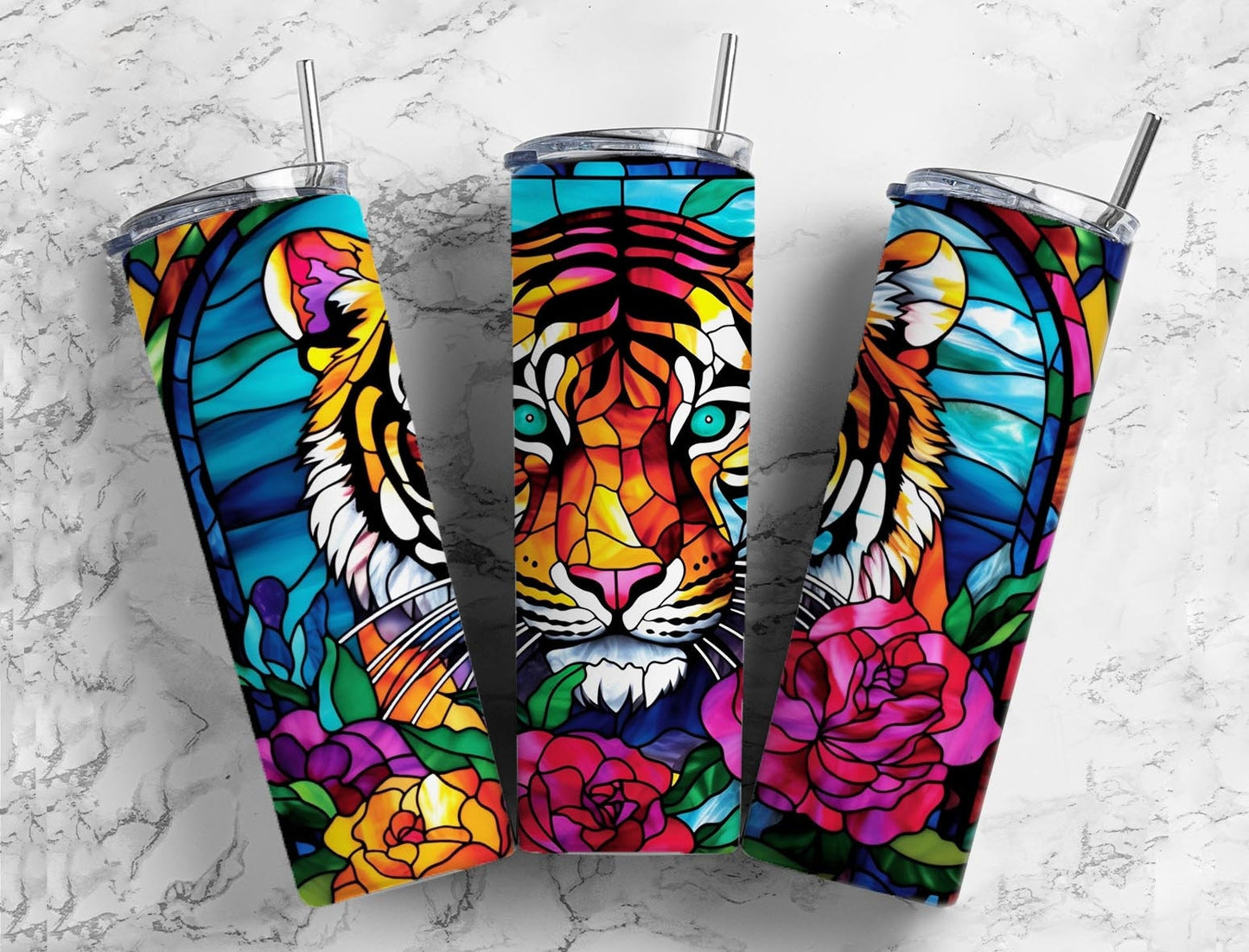 Tiger rose floral 20oz Sublimation Tumbler Designs, Stained glass 9.2 x 8.3” Straight Skinny Tumbler Wrap PNG