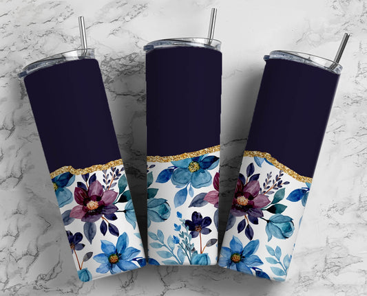 Blue Flower 20oz Sublimation Tumbler Designs, Aesthetic Floral 9.2 x 8.3” Straight Skinny Tumbler Wrap PNG, Gold Agate 139