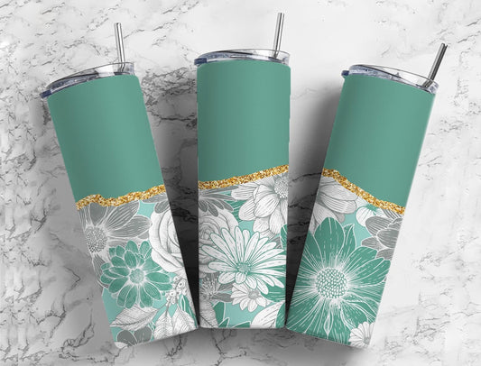 Aesthetic Floral 20oz Sublimation Tumbler Designs, Agate Glitter Green 9.2 x 8.3” Straight Skinny Tumbler Wrap PNG