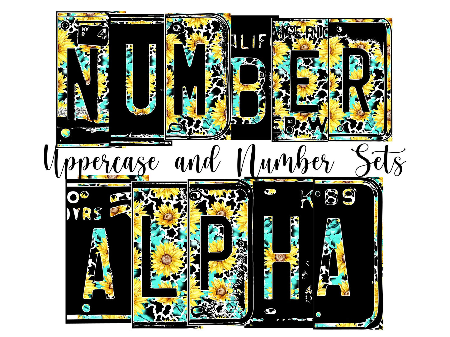 Sunflower Turquoise Number Plate Alphabet Uppercase Numbers PNG, Leopard Print Alphabet PNG Digital Download