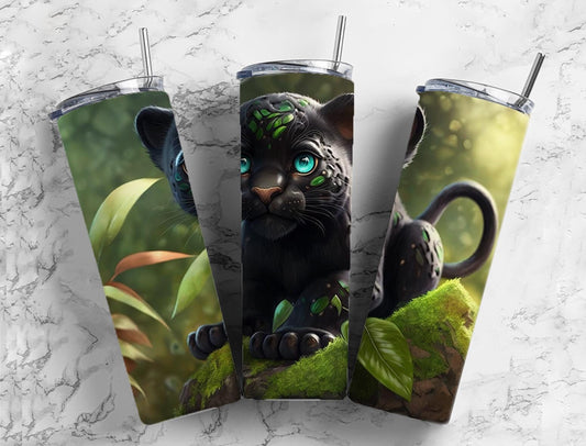 Cartoon panther 20oz Sublimation Tumbler Designs, Jungle landscape 9.2 x 8.3” Straight Skinny Tumbler Wrap PNG