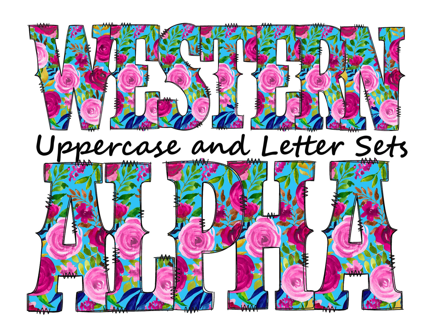 Rose floral Doodle Letters Western Alphabet, Pink and blue Alphabet PNG, Entire Doodle Alphabet Uppercase and Numbers PNG