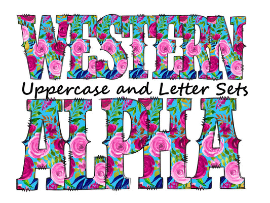 Rose floral Doodle Letters Western Alphabet, Pink and blue Alphabet PNG, Entire Doodle Alphabet Uppercase and Numbers PNG