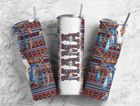 Aztec LongHorn 20oz Sublimation Tumbler Designs, Mama Bull Skull 9.2 x 8.3” Straight Skinny Tumbler Wrap PNG, Sublimation Design PNG