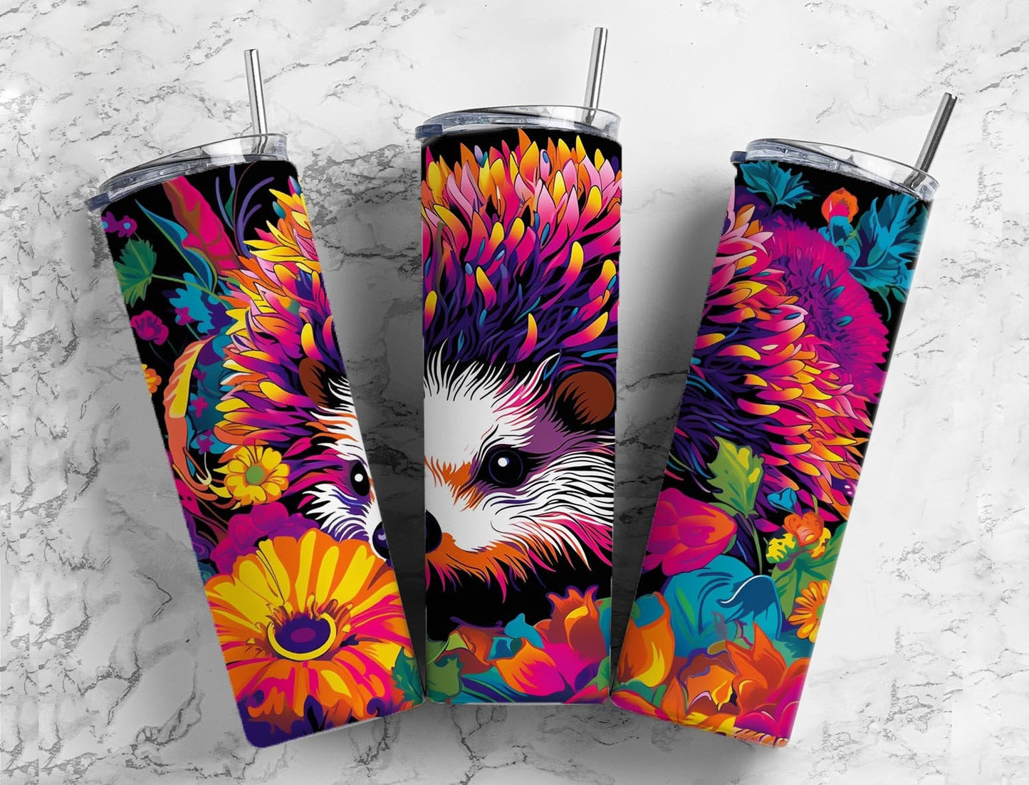 Rainbow hedgehog 20oz Sublimation Tumbler Designs, Colorful floral 9.2 x 8.3” Straight Skinny Tumbler Wrap PNG