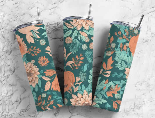 Blue floral 20oz Sublimation Tumbler Designs, Orange and blue 9.2 x 8.3” Straight Skinny Tumbler Wrap PNG