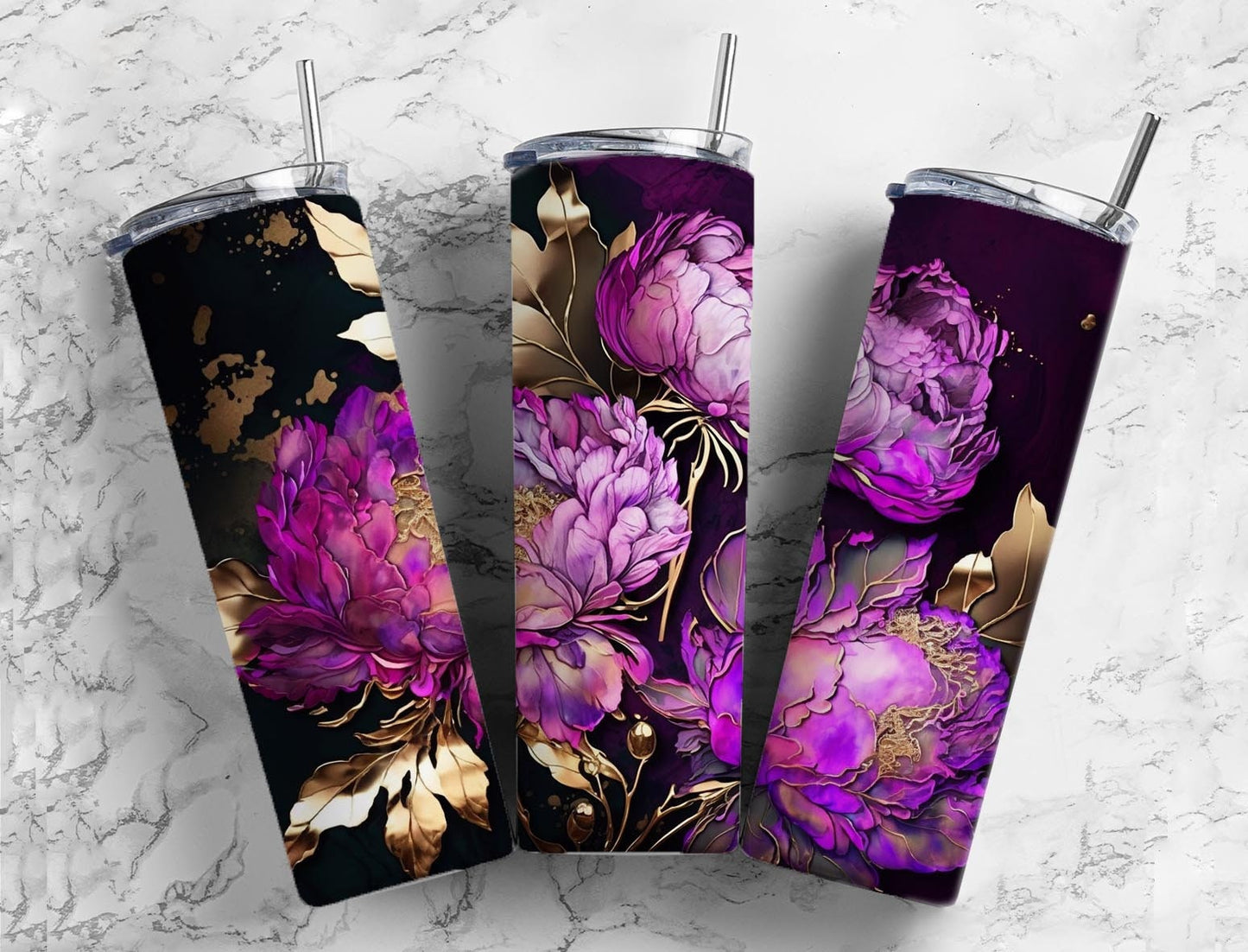 Purple floral 20oz Sublimation Tumbler Designs, Gold leaf 9.2 x 8.3” Straight Skinny Tumbler Wrap PNG