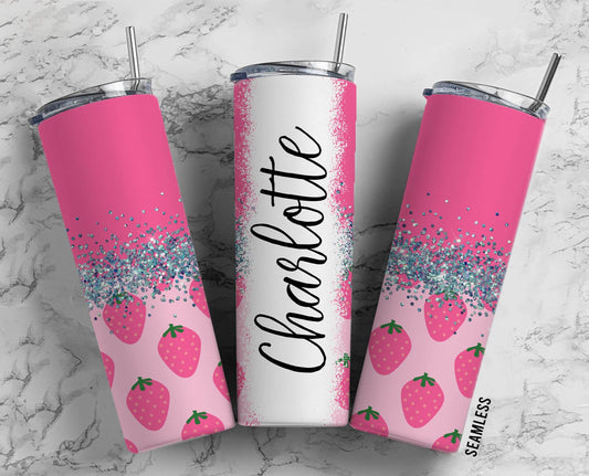 Strawberry Pink Fruit Summer 20oz Sublimation Tumbler Designs, Silver Glitter Split 9.2 x 8.3” Straight Skinny Tumbler Wrap PNG 184