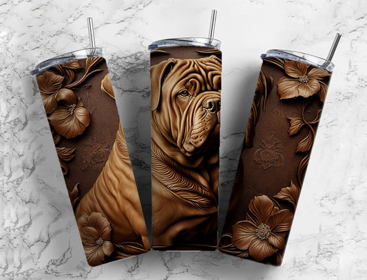 Tooled leather Shar-pei 20oz Sublimation Tumbler Designs, Engraved leather 9.2 x 8.3” Straight Skinny Tumbler Wrap PNG