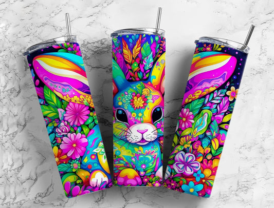 Cartoon rabbit 20oz Sublimation Tumbler Designs, Rainbow floral 9.2 x 8.3” Straight Skinny Tumbler Wrap PNG