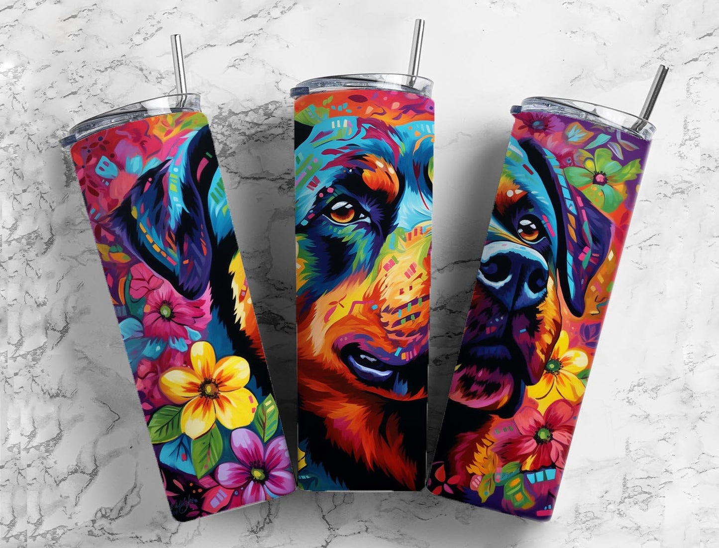 Rottweiler 20oz Sublimation Tumbler Designs, Floral colorful 9.2 x 8.3” Straight Skinny Tumbler Wrap PNG