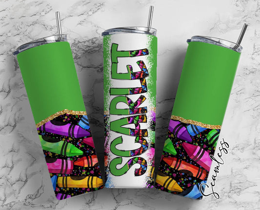 Teacher Tumbler Wrap with Matching Doodle Letter Alphabet PNG, Green Fluro Add your Own name 20oz Tumbler, Bright Alpha Set PNG 166