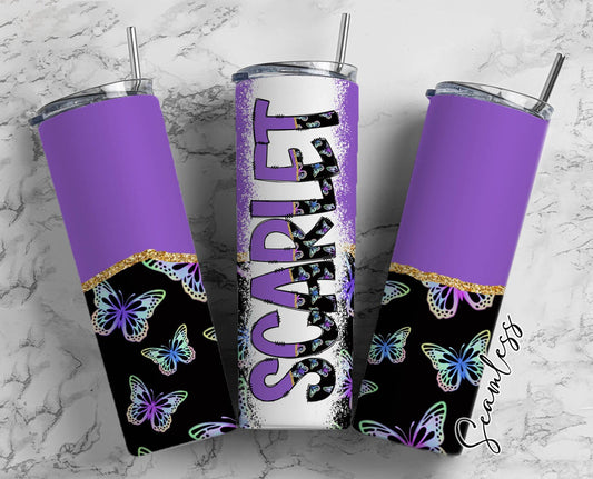 Purple Butterfly Tumbler Wrap with Matching Doodle Letter Alphabet PNG, Glitter Aesthetic Add your Own name 20oz Tumbler, Alpha Set PNG 178