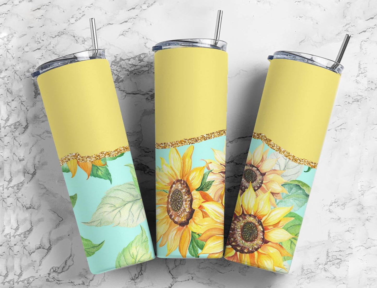 Aesthetic Sunflower20oz Sublimation Tumbler Designs, Agate Glitter Yellow 9.2 x 8.3” Straight Skinny Tumbler Wrap PNG