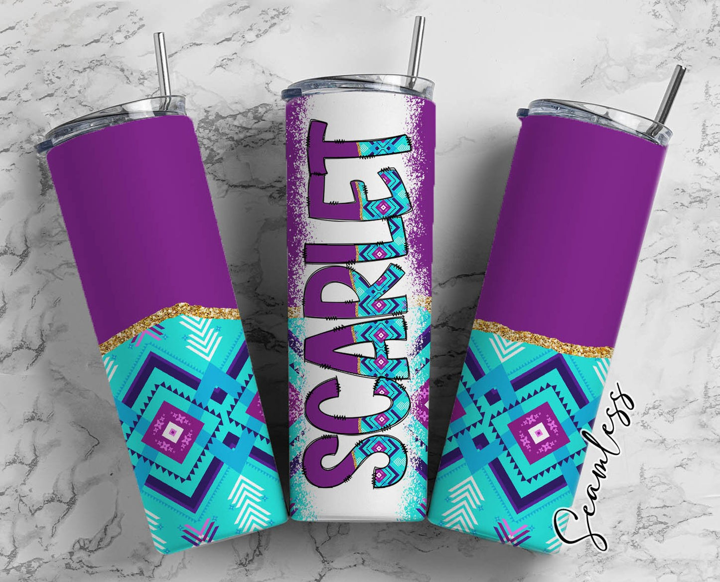 Turquoise Aztec Tumbler Wrap with Matching Doodle Letter Alphabet PNG, Aesthetic Add your Own name 20oz Tumbler, Purple Alpha Set PNG 108