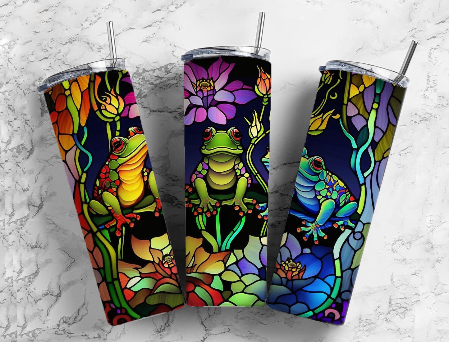 Stained glass frogs 20oz Sublimation Tumbler Designs, Rainbow floral 9.2 x 8.3” Straight Skinny Tumbler Wrap