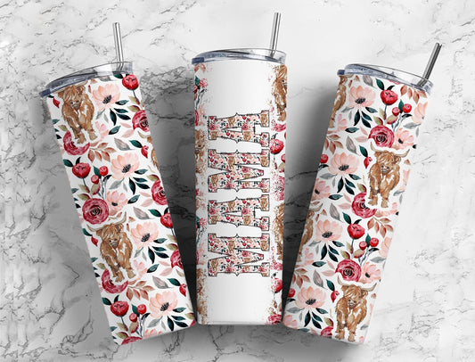 Highland Bull Boho 20oz Sublimation Tumbler Designs, Mama Floral 9.2 x 8.3” Straight Skinny Tumbler Wrap PNG, Sublimation Design PNG