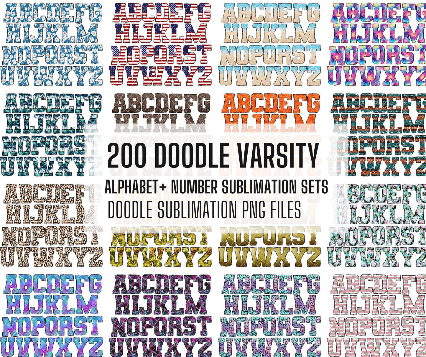 200 MEGA BUNDLE - Varsity Doodle Letters! 100 Uppercase Entire Doodle Alphabet, Numbers Individually Saved PNG, alphabet png