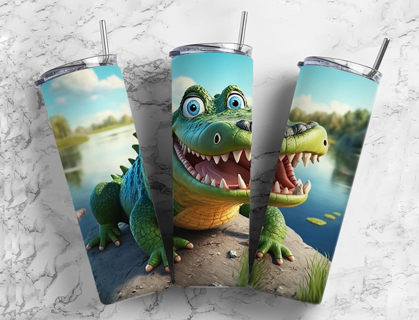 Cartoon crocodile 20oz Sublimation Tumbler Designs, river landscape 9.2 x 8.3” Straight Skinny Tumbler Wrap PNG