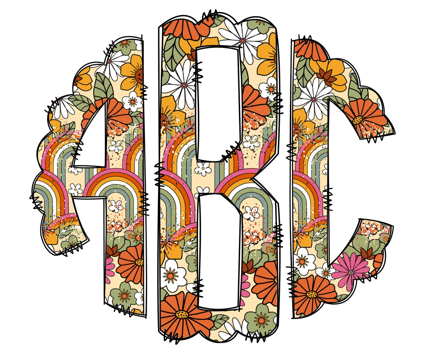 Retro Flower Monogram Letters, Hippie Rainbow Sublimation PNG Elements Hand Drawn Doodle Alpha Bundle, Hipster Sublimation Font PNG