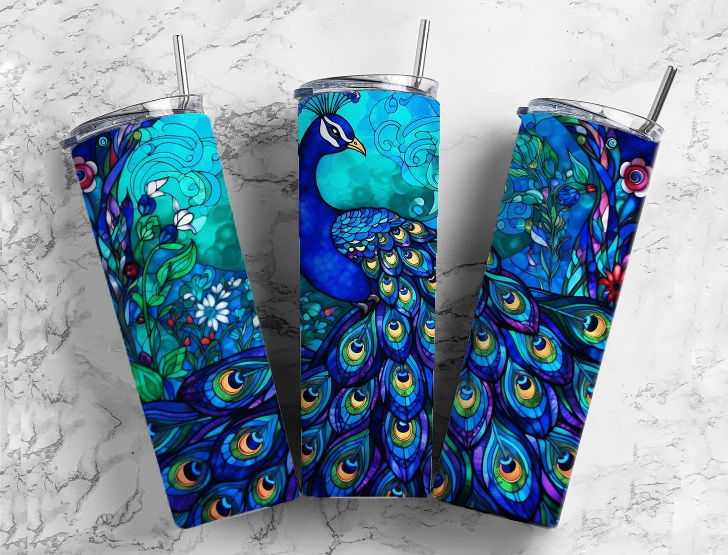 Peacock 20oz Sublimation Tumbler Designs, Colorful feather 9.2 x 8.3” Straight Skinny Tumbler Wrap PNG