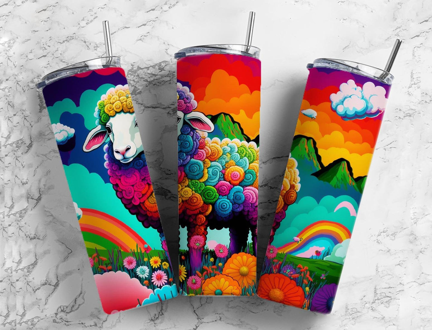 Sheep Group 20oz Sublimation Tumbler Designs, Farm Mountain 9.2 x 8.3” Straight Skinny Tumbler, Tumbler Wrap PNG