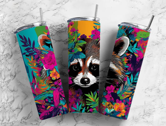 Raccoon floral 20oz Sublimation Tumbler Designs, Colorful botanical 9.2 x 8.3” Straight Skinny Tumbler Wrap PNG