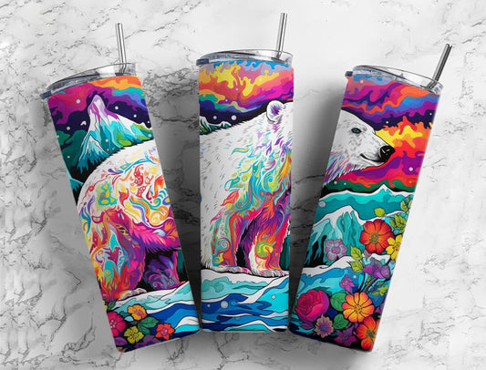 Polar bear 20oz Sublimation Tumbler Designs, rainbow landscape 9.2 x 8.3” Straight Skinny Tumbler Wrap PNG