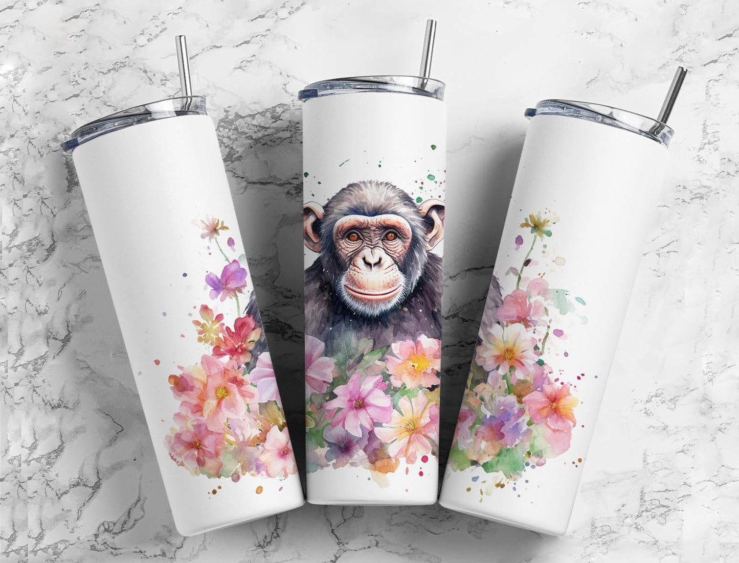 Chimpanzee monkey 20oz Sublimation Tumbler Designs, watercolor floral 9.2 x 8.3” Straight Skinny Tumbler Wrap PNG