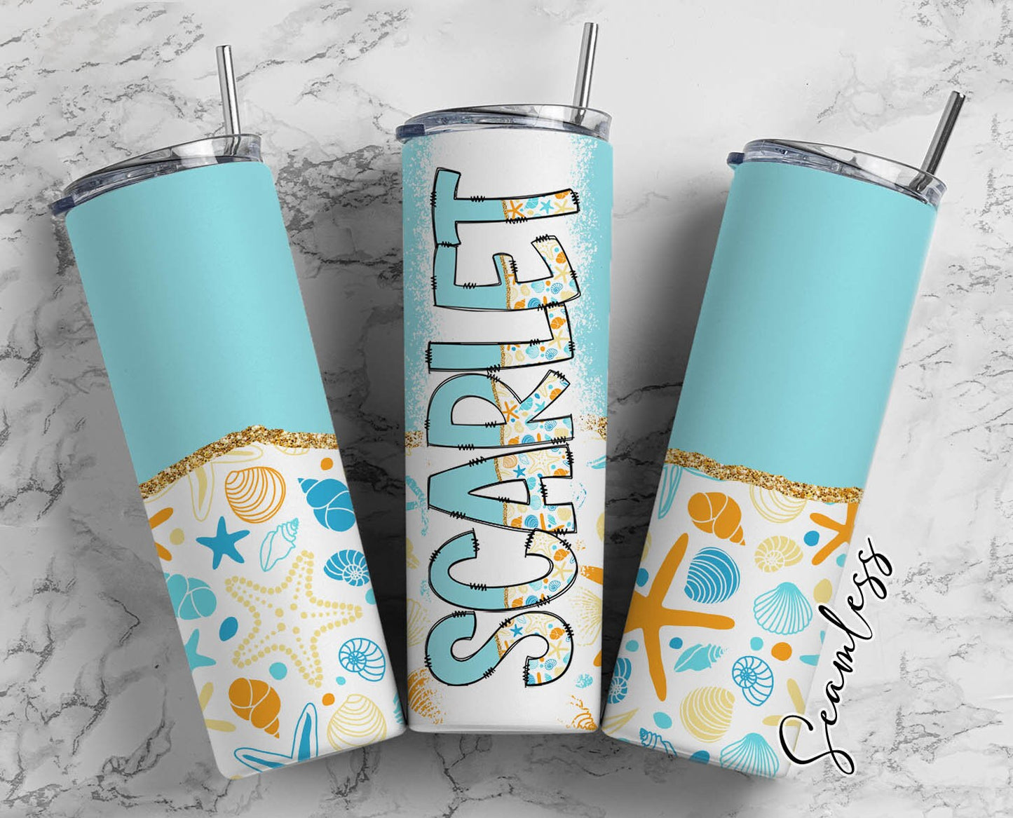 Sea Life Tumbler Wrap with Matching Doodle Letter Alphabet PNG, Ocean Aesthetic Add your Own name 20oz Tumbler, Beach Alpha Set PNG 180