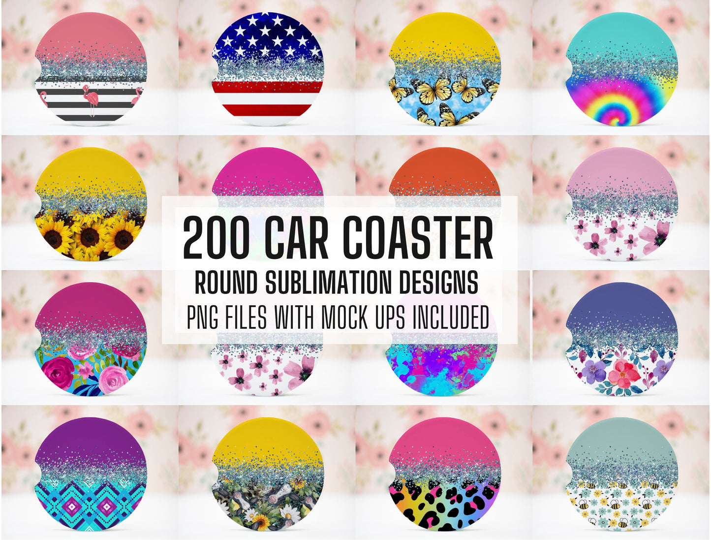 200 Glitter Car Coaster Sublimation Design, Split Car Coaster Designs, Round Sublimation Design, Instant Download, Commercial Use Png