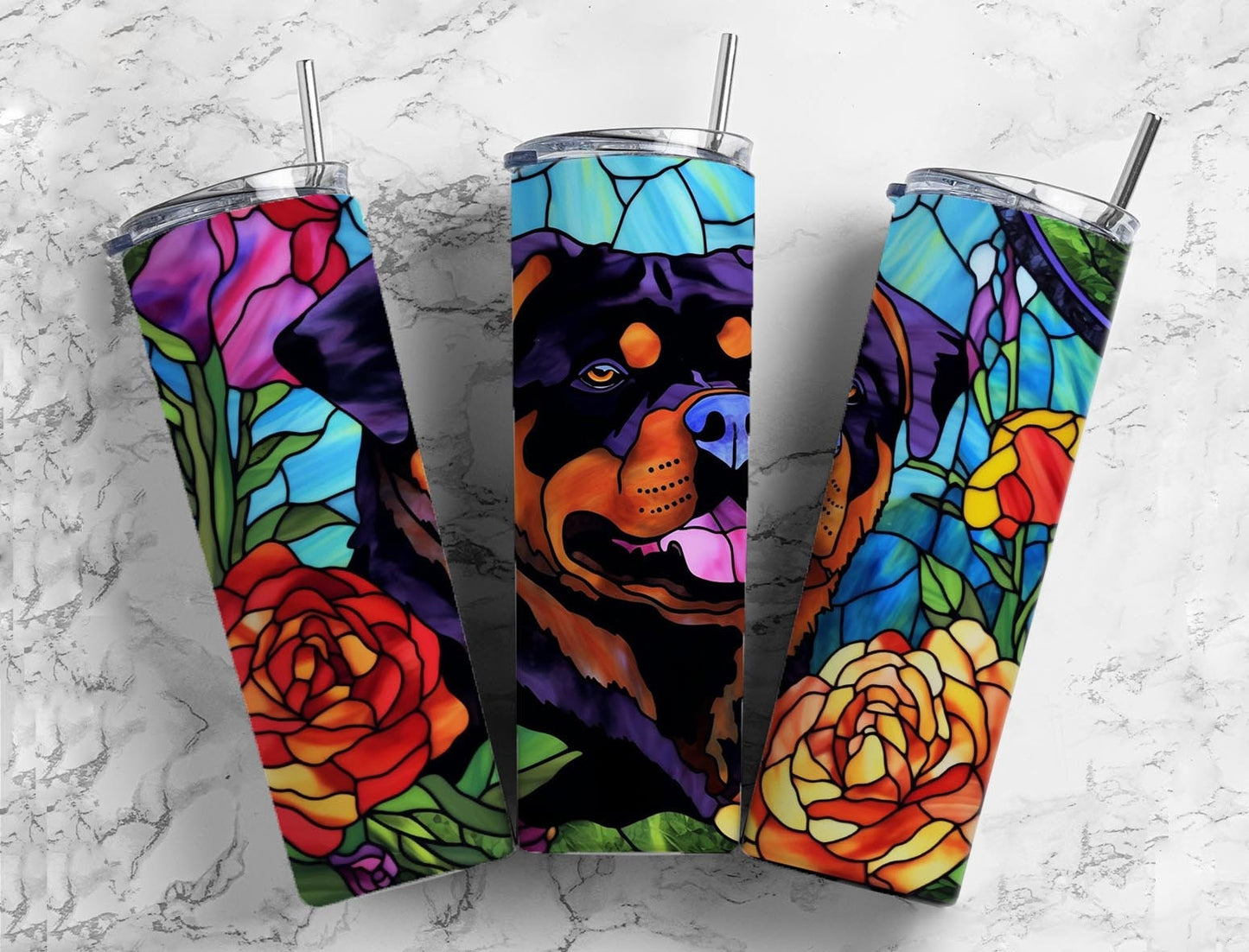 Rottweiler floral 20oz Sublimation Tumbler Designs, Stained glass 9.2 x 8.3” Straight Skinny Tumbler Wrap PNG