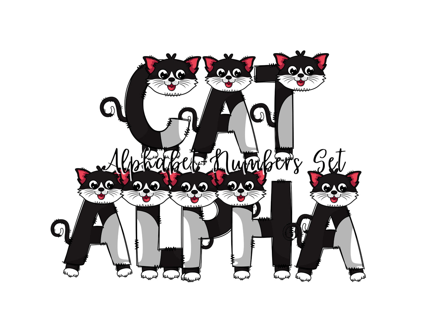 Black Cat Kitten Doodle Letters, Kitty Alphabet, Cat Alphabet PNG, Entire Doodle Alphabet Uppercase Lowercase Numbers PNG, Lion Tiger png