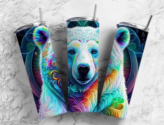 Rainbow polar bear 20oz Sublimation Tumbler Designs, Neon colorful 9.2 x 8.3” Straight Skinny Tumbler Wrap PNG