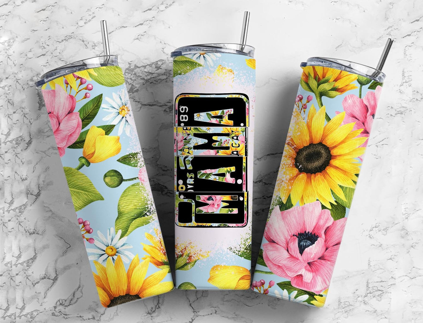 Blue Pink Yellow Floral 20oz Sublimation Tumbler Designs,Mama Number Plate 9.2 x 8.3” Straight Skinny Tumbler, Tumbler Wrap PNG